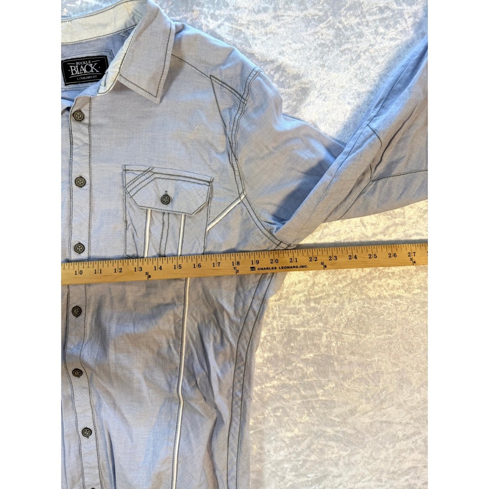 BUCKLE BLACK Tailored Fit Long Sleeve Shirt Mens Large Blue Pinstripe‎ Casual - Picture 4 of 11